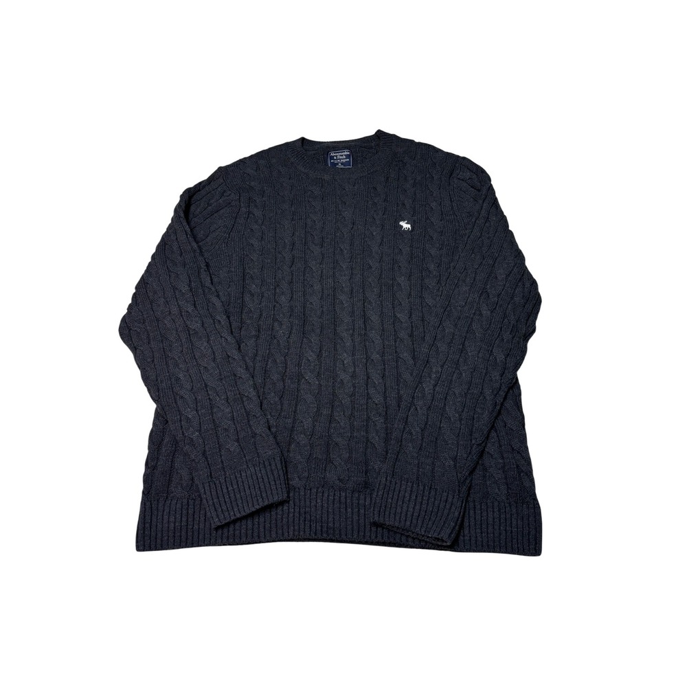 Abercrombie & Fitch Mens XL Cable Knit Sweater Charcoal Gray Crewneck Moose Logo
